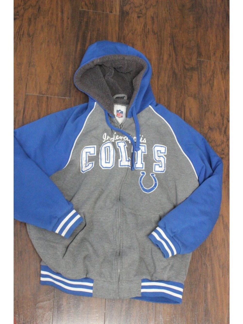 Indianapolis Colts NFL Hoodie Jacket L Sherpa Lined Gray & Blue Full Zip